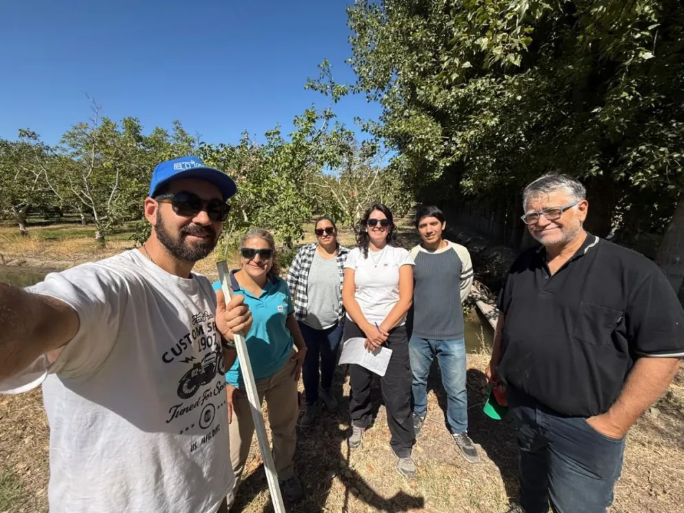 Técnicos del INTA evaluaron sistemas de riego en una chacra del Valle Medio para mejorar la eficiencia en el uso del agua en frutos secos.