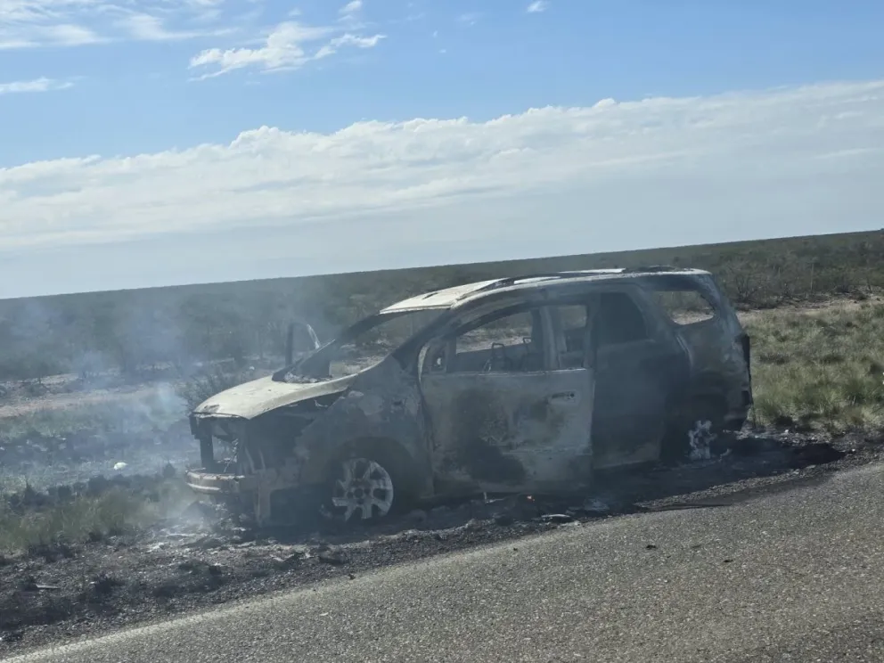 Bomberos de Choele Choel y Río Colorado trabajaron para sofocar las llamas que consumieron por completo el vehículo sobre la Ruta 22. Foto: gentileza.