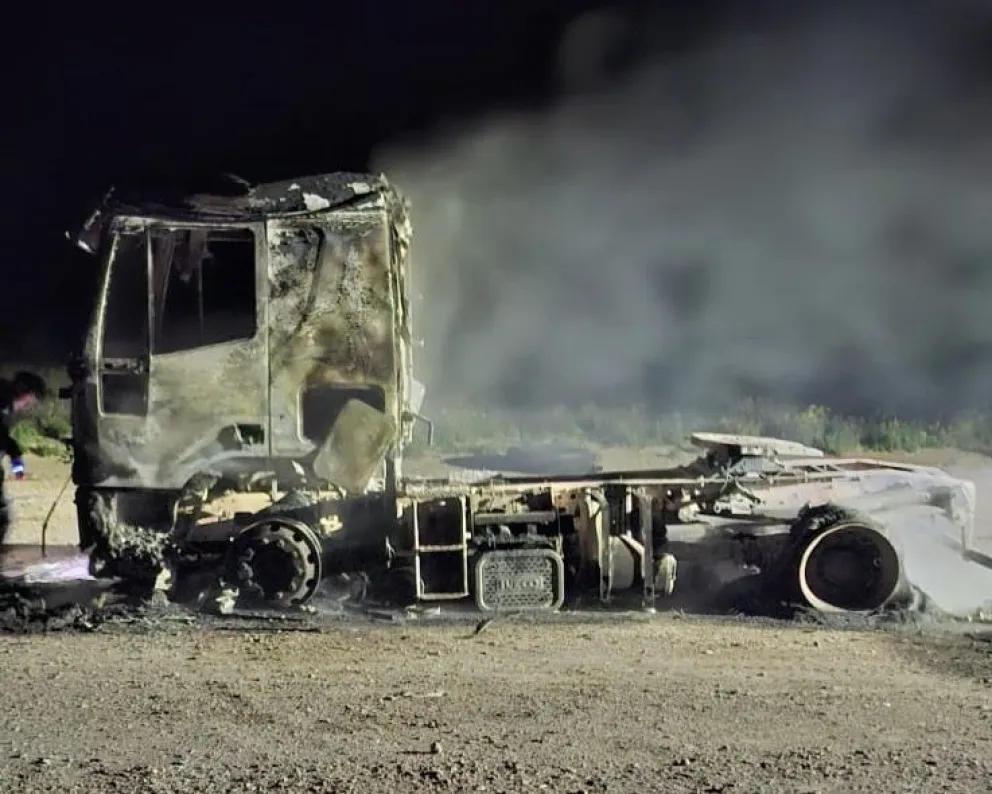 El camión Fiat Stralis 460 quedó completamente destruido por las llamas sobre la Ruta Nacional 22, cerca del parador El Boliche. Foto: gentileza.