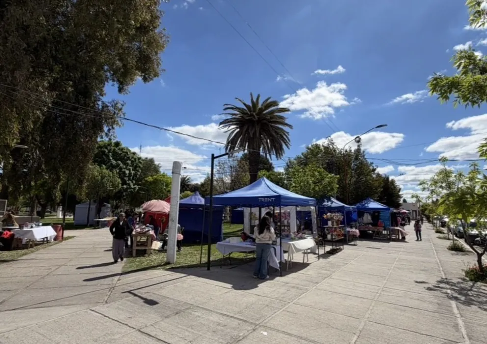 Más de 30 puestos de artesanos y emprendedores participaron de la feria por el Día de la Madre en la plaza de Luis Beltrán, donde también se realizó un sorteo solidario a beneficio de los estudiantes del CET N° 29. Foto: Agustín García / 7 en Punto.